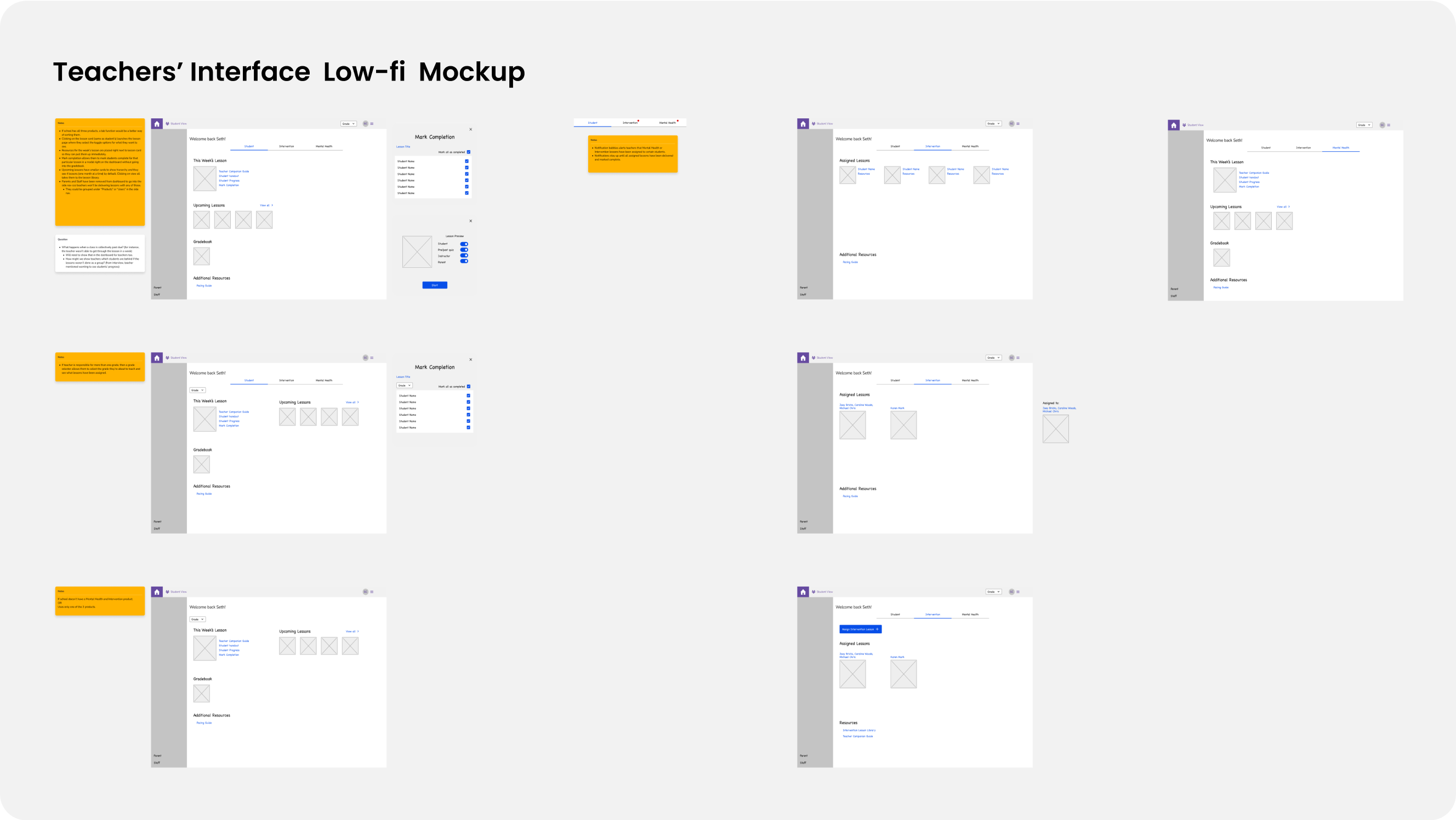 Low fidelity teacher wireframes