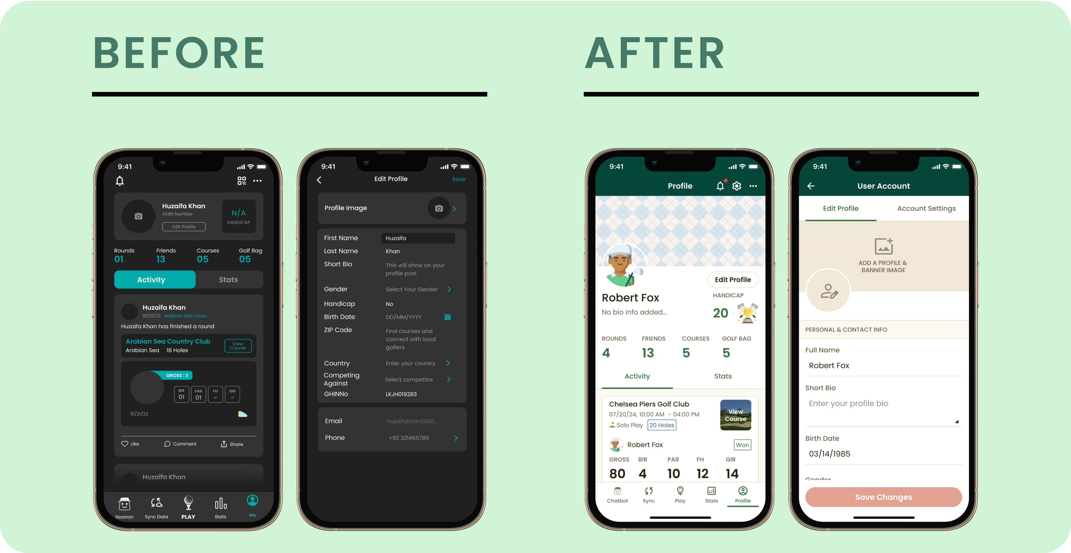 Profile screen before and after